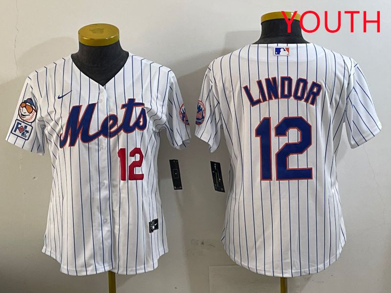 Youth New York Mets 12 Lindor White Stirpe Game Fashion 2025 Nike MLB Jersey style 2